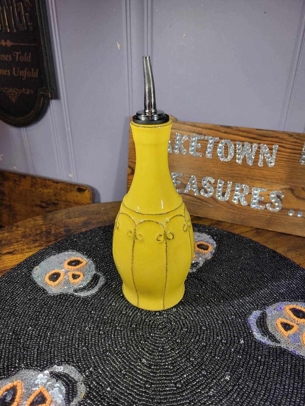 Ceramic Oil Pourer Bottle in Yellow with Stainless Spout